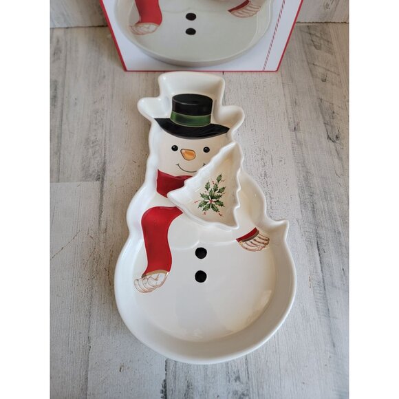 Lenox NEW holiday entertaining snowman chip dip Xmas mistletoe - Picture 2 of 9